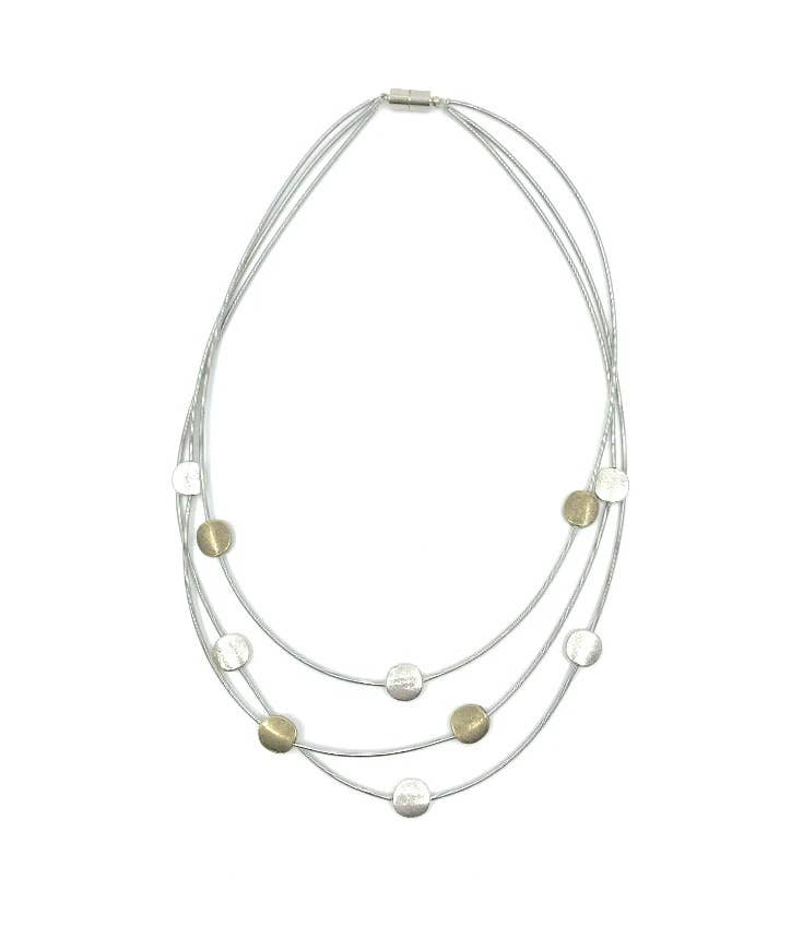 Sea Lily – wholesale Beaded/pearl necklace – S77 B - 3 Strand Tiered P.W.  with Silver and Gold Disc0