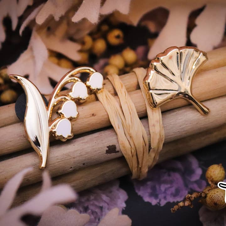 Lily of the Valley and Ginkgo Leaf 3D Metal Pins for wholesale by Triclops Rabbit