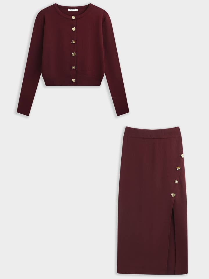 Ensemble tricoté avec cardigan et jupe crayon midi pour la vente par Chilli Girl Collection
