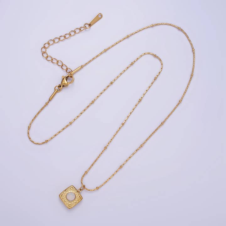 Aim Eternal - Wholesale Pendant/Charm Necklace - Stainless Steel White Opal Dotted Wheat 16 Inch Necklace