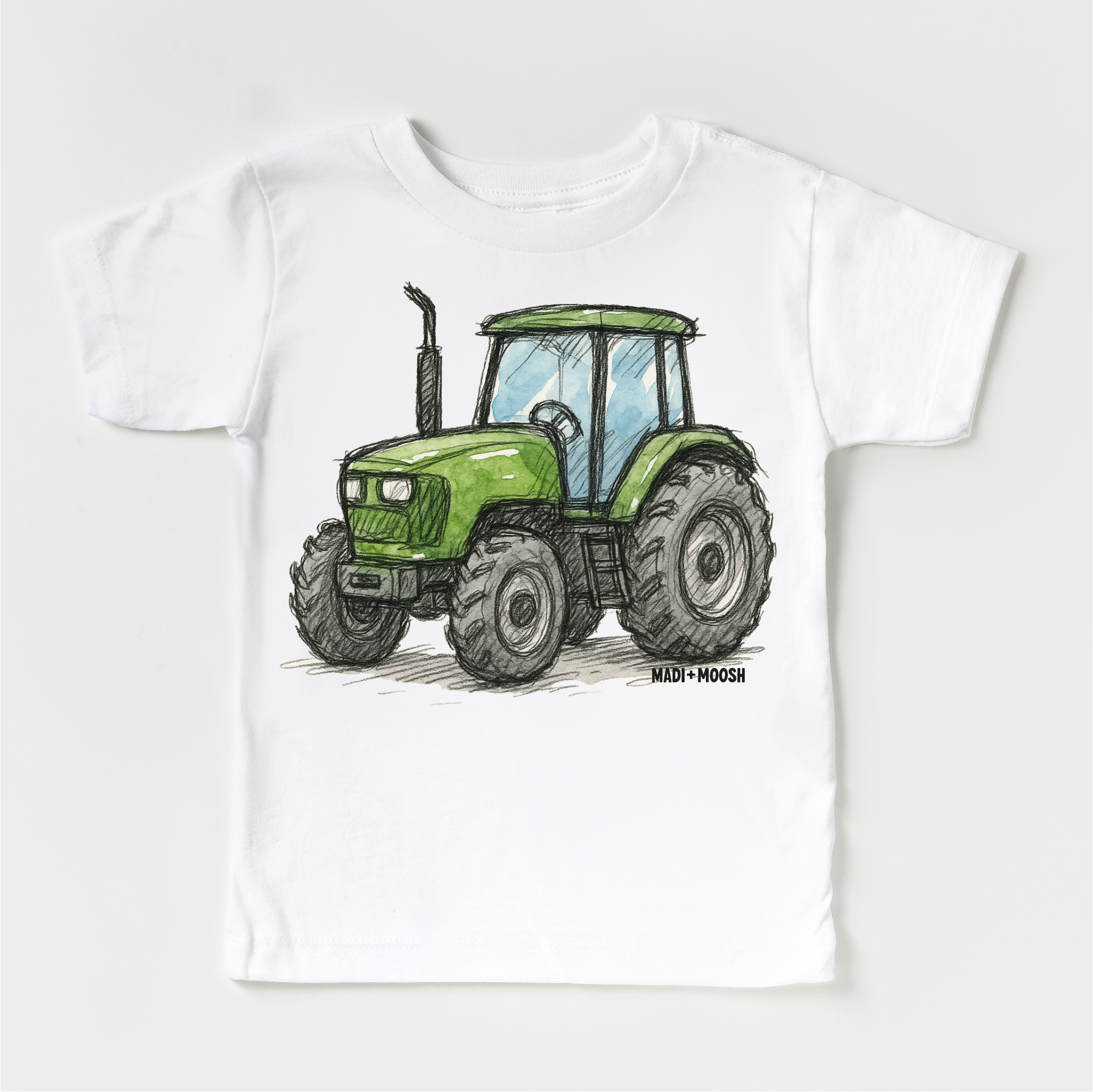 Madi Moosh - Wholesale Screen Printed T-Shirt - Kids - Green Farm Tractor Country T-Shirt - Retro Sketch Art Tee3
