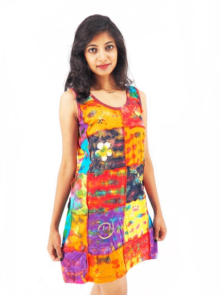 Handmade Patchwork Tie Dye Boho Dress in Orange Tones for wholesale by Purple Boho