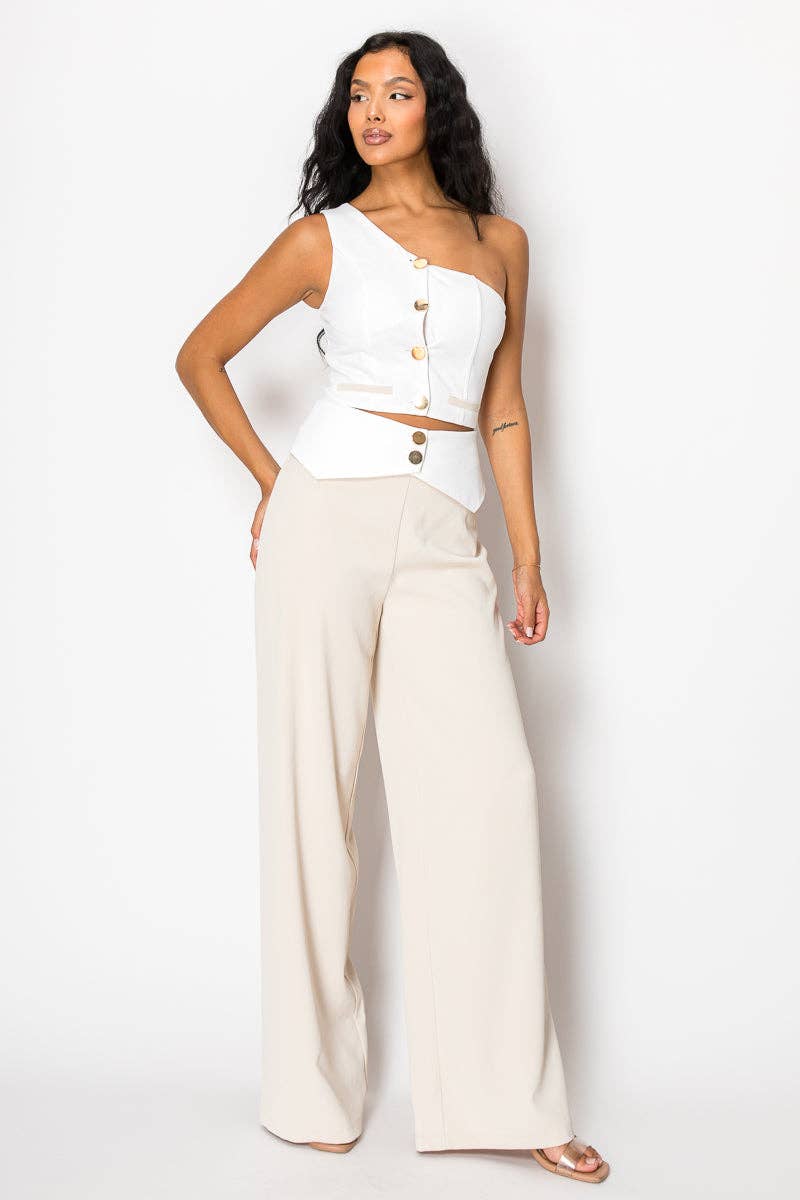Beige Contrast Wide Pant Set With One Shoulder Top for wholesale on Faire1