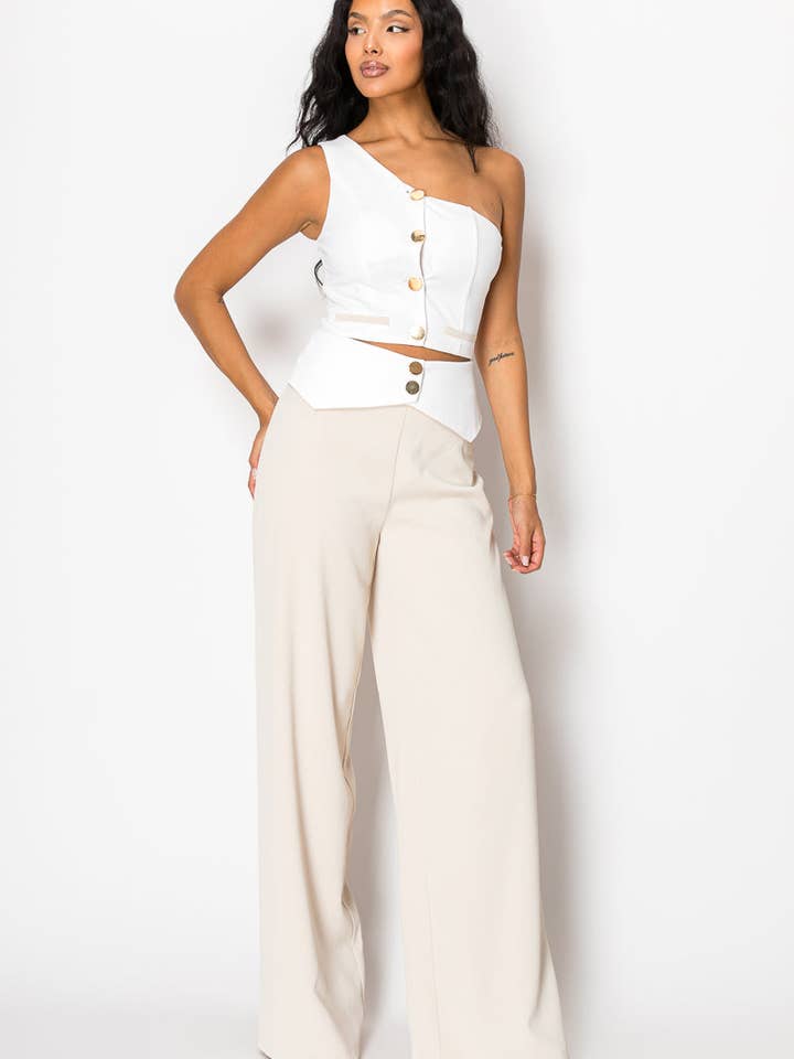Beige Contrast Wide Pant Set With One Shoulder Top for wholesale on Faire1