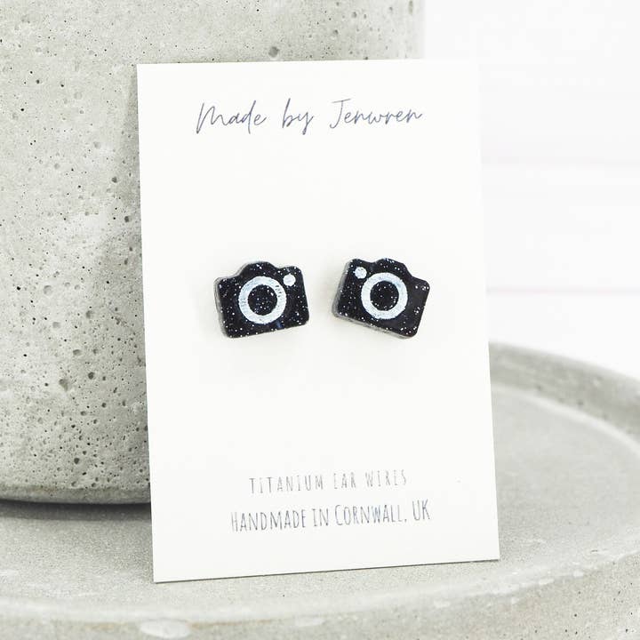 Small camera Black glitter studs for wholesale by MadebyJenWren