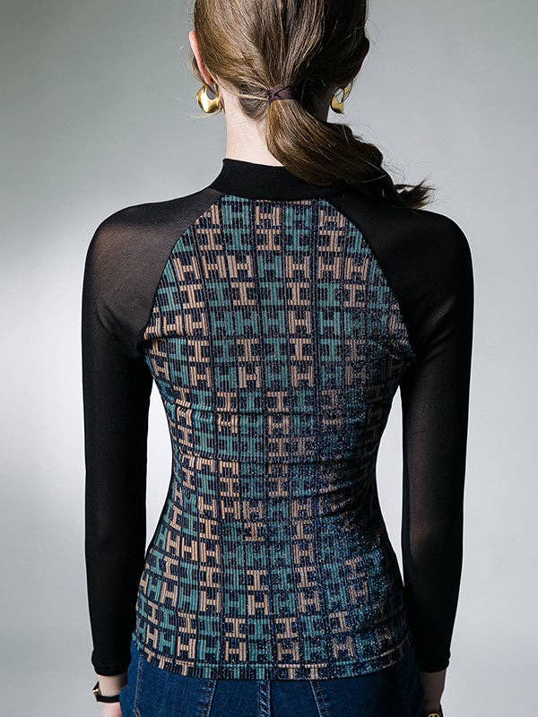 BLACK Long Sleeves Skinny Hollow Knot Letter Print Split-Joint Mock Neck T-Shirts Tops for wholesale on Faire6