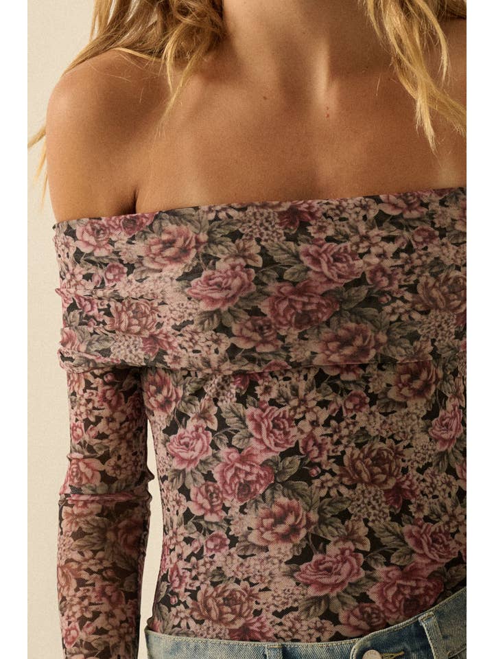 Promesa USA - Wholesale Bodysuit - Women's - Floral Mesh Long-Sleeve Off-Shoulder Bodysuit7