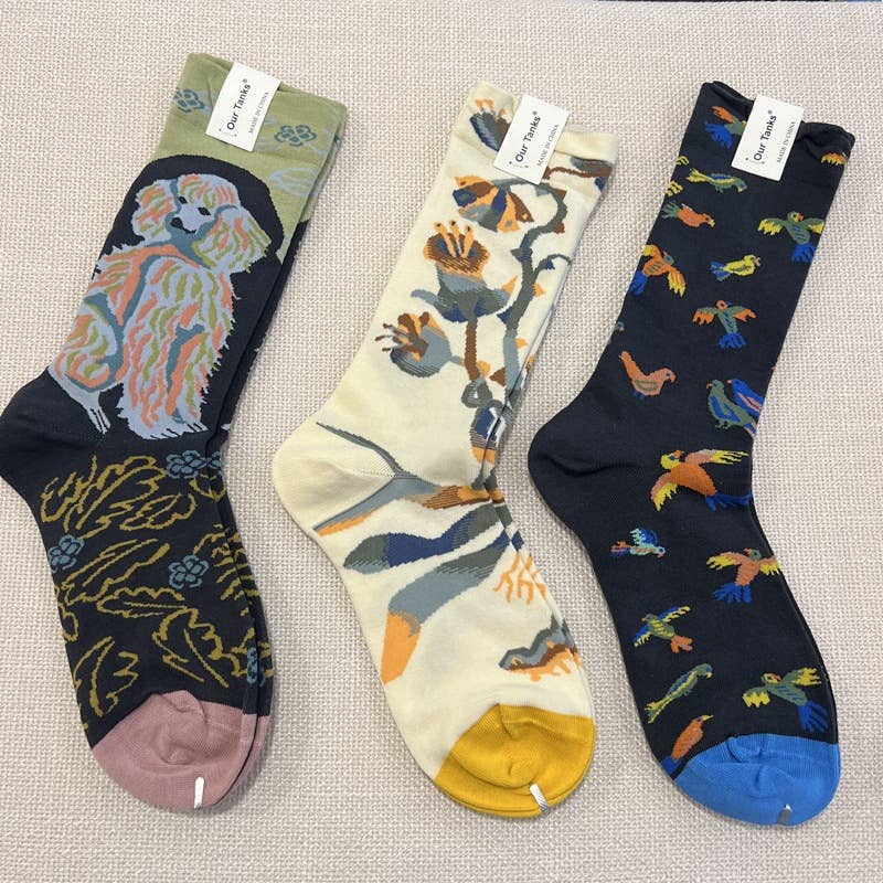 Tourtiwi - Wholesale Socks - Unisex - Oil painting style animal flower print socks34