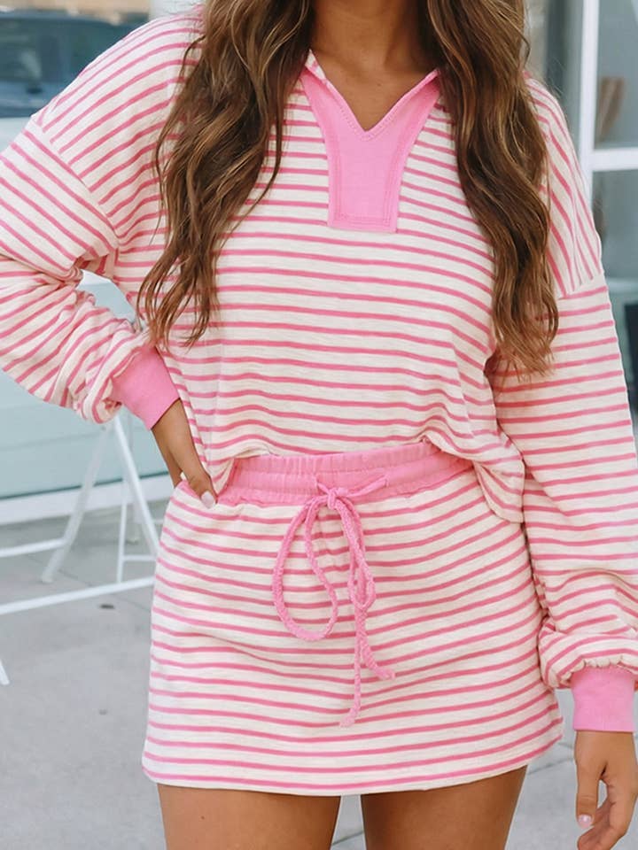 Stripe Collared V Neck Pullover and Skort 2pcs Outfit (S-XL) for wholesale by 66DISCO