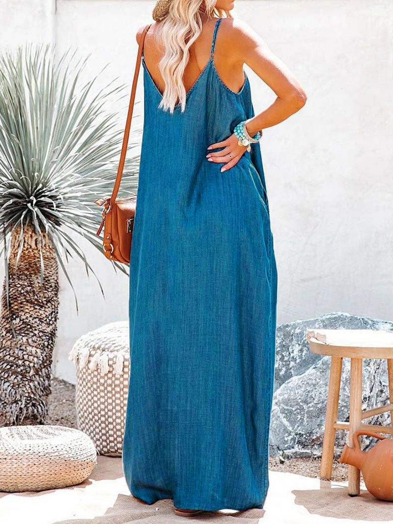 Blauw Losse effen denim lange rok jarreteljurk voor groothandel op Faire4