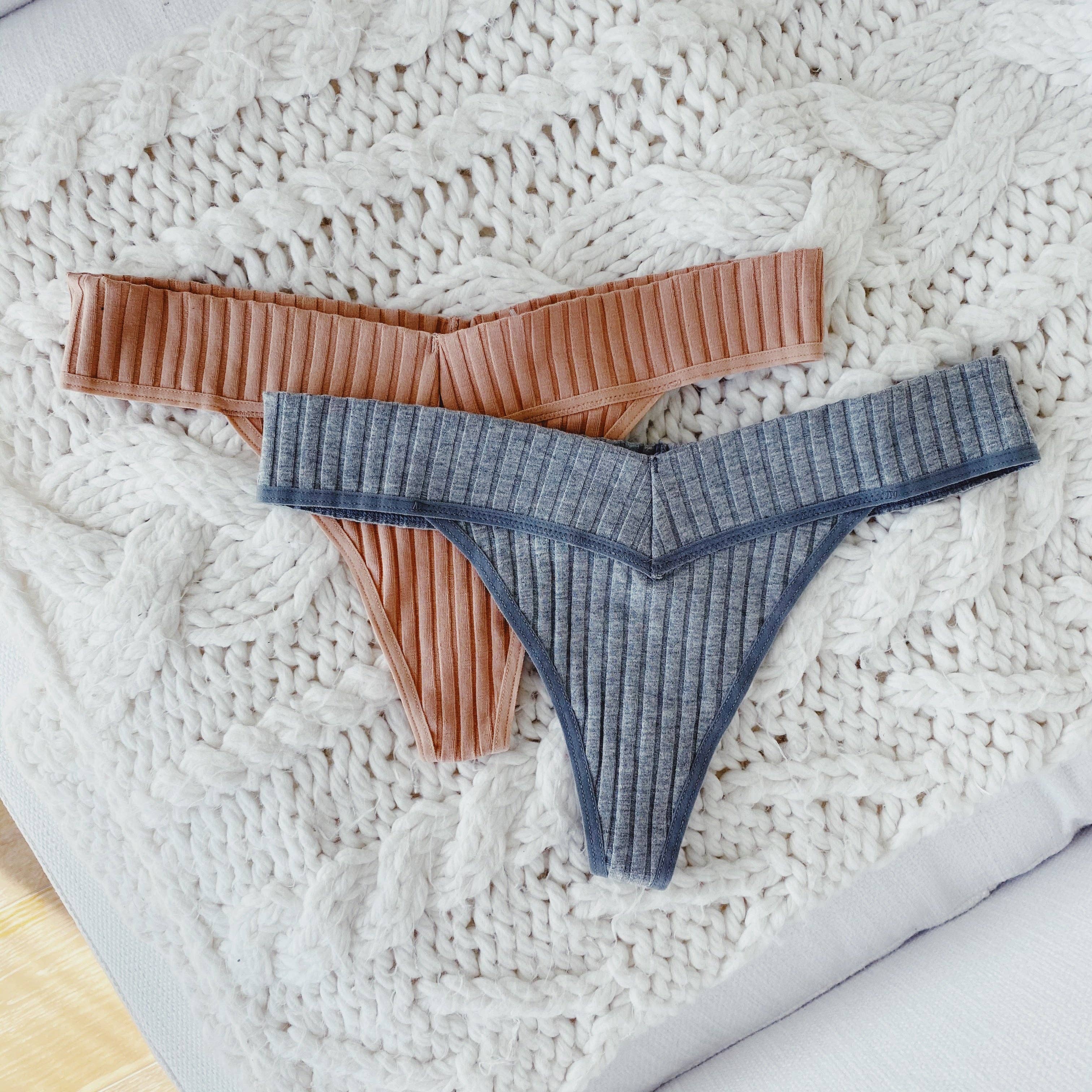 Mandel/Grau Rippentanga aus Baumwollmischung im 2er-Pack für den Großhandel auf Faire5