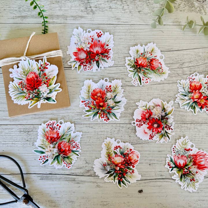 Australian Red Floral Christmas Premium Die-cut gift tags set of 9 for wholesale by Scattered Seed Co