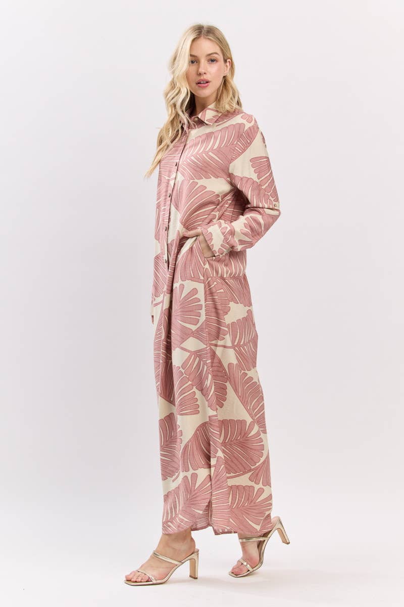 B I G H I T Fashion - Wholesale Dress - Women's - Palm Print Button-Down Maxi Dress HD3104-BLUSH7