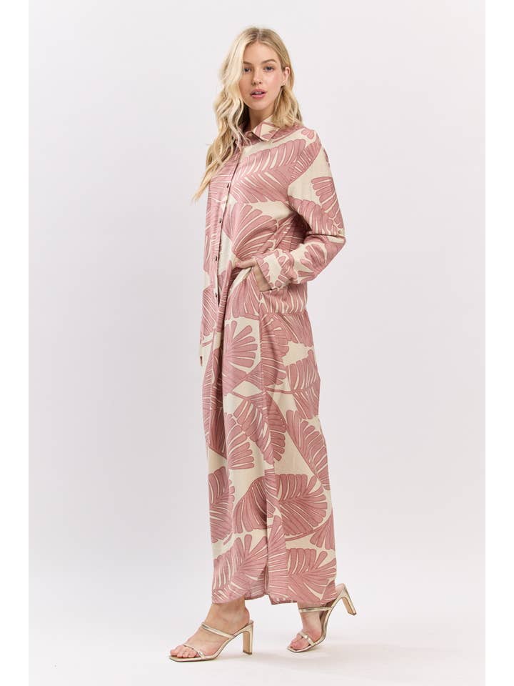 B I G H I T Fashion - Wholesale Dress - Women's - Palm Print Button-Down Maxi Dress HD3104-BLUSH7