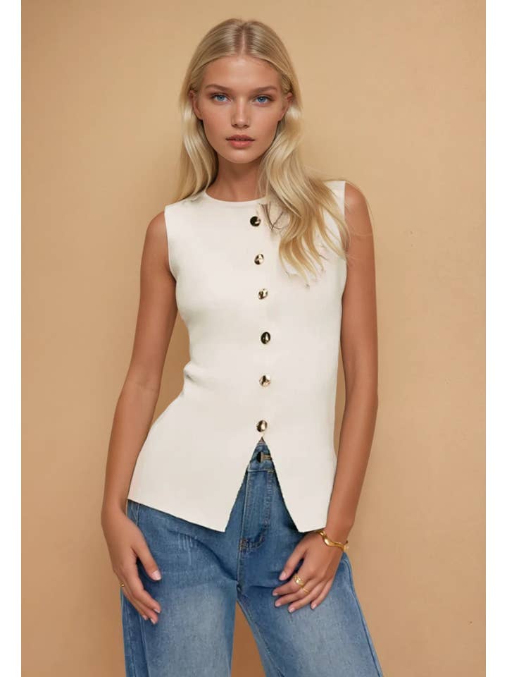 Burgundy SLEEVELESS FINE KNIT GOLD BUTTON PEPLUM TOP W1486TIA for wholesale on Faire1