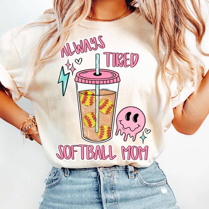 Always Tired Softball Mom DTF Transfer for wholesale by Night Owl Mom