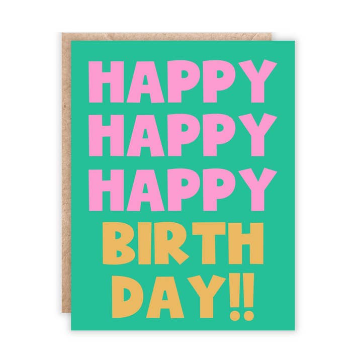 Happy Happy Happy Birthday Green and Pink Greeting Card for wholesale by Jolly Rae