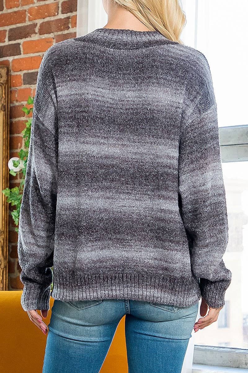 GREY BLACK V NECK RIBBED KNIT STRIPE SWEATER for wholesale on Faire3