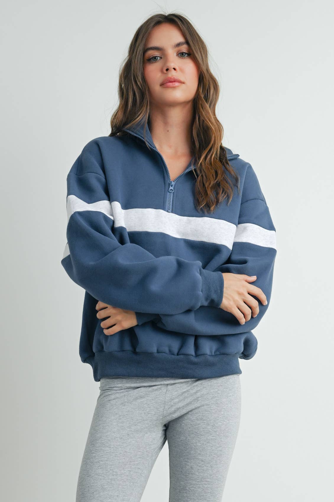 BUTTERMELON - Wholesale Sweatshirt - Women's - Two-Toned Half Zip Collar Sweatshirt - BMT753539