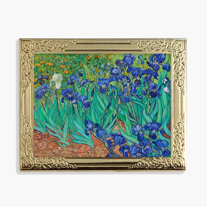 Art Frame Enamel Lapel Paint Pin - Irises (1889) By van Gogh for wholesale by Real Sic
