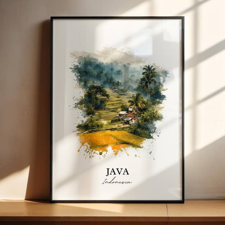 Java Indonesien Kunst, Indonesien Print, Indonesien Akvarel, Java Indonesien Gave, Indonesien Rejseprint, Rejseplakat, Indflyttergave for engroshandel hos Premium Travel Art