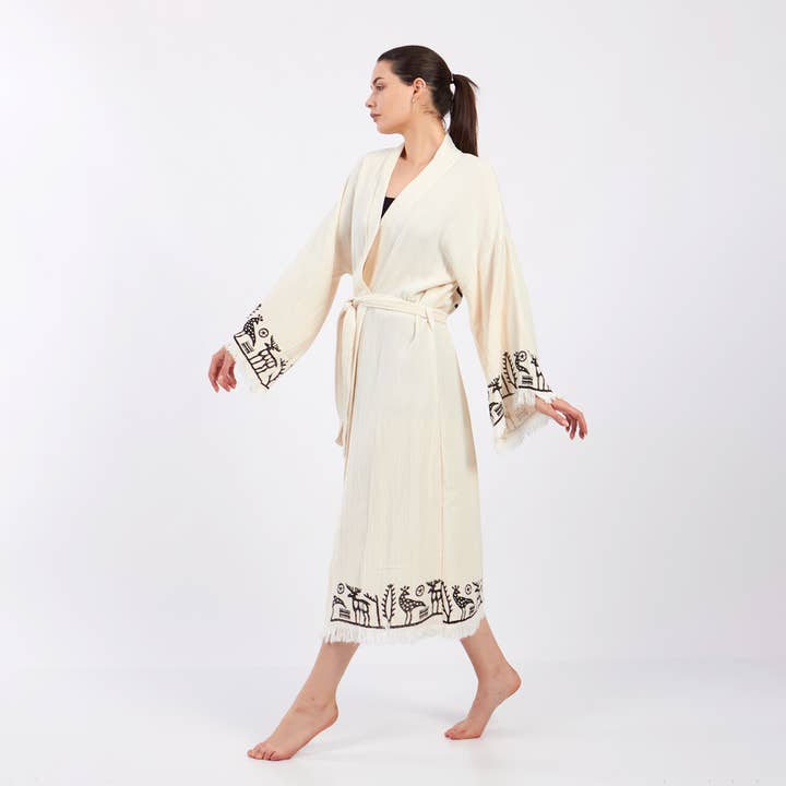 Yaz Concepts - Vente Kimono – femme - Peignoir kimono blanc en coton à motif primitif biologique turc2