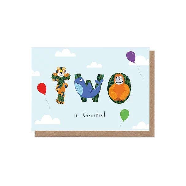 Two Is Terrific 2nd Birthday Age Greetings Card for wholesale by Zoe Spry