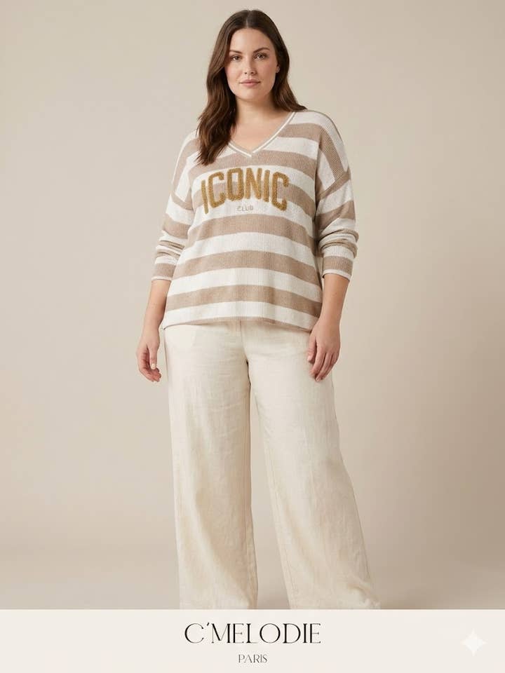 Large size - Oversized striped sweater with V-neck for wholesale by C'MELODIE