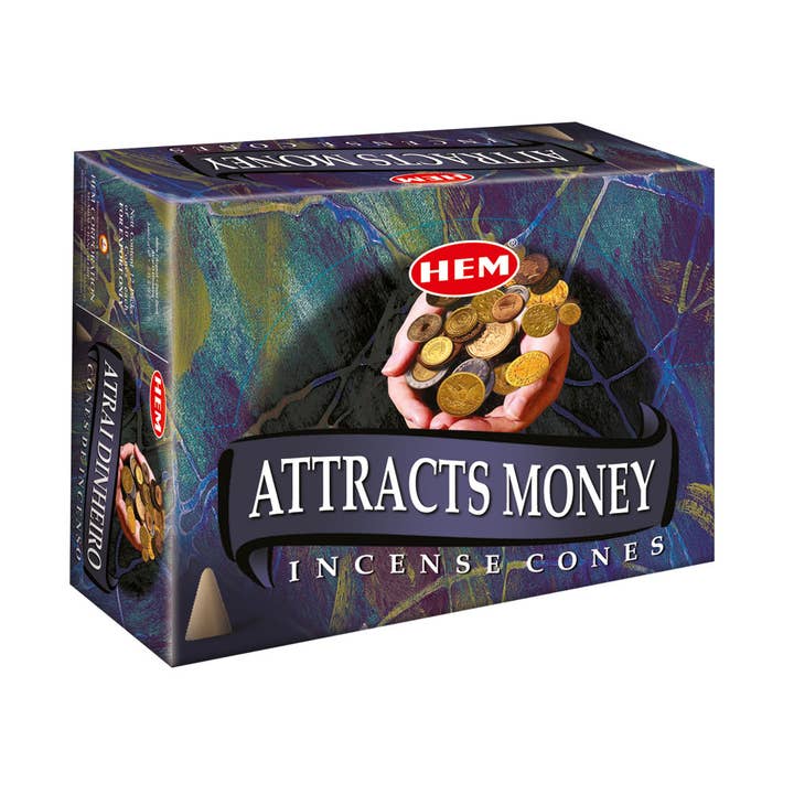 HEM Attracts Money Incense Cones–ConePack(12 Packs×10 Cones) for wholesale by Garland of Letters Bookstore