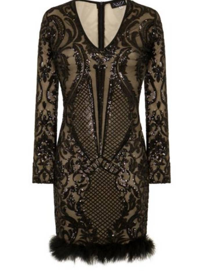 Valentina Black Luxe Brocade Sequin Plunge Feather Dress for wholesale by Nazz Collection Clothing Ltd