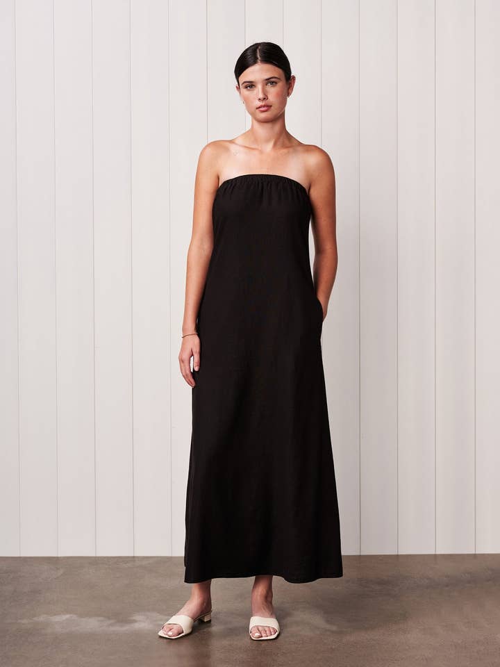 Abito lungo a colonna in lino nero per la vendita all'ingrosso da parte di Stateside