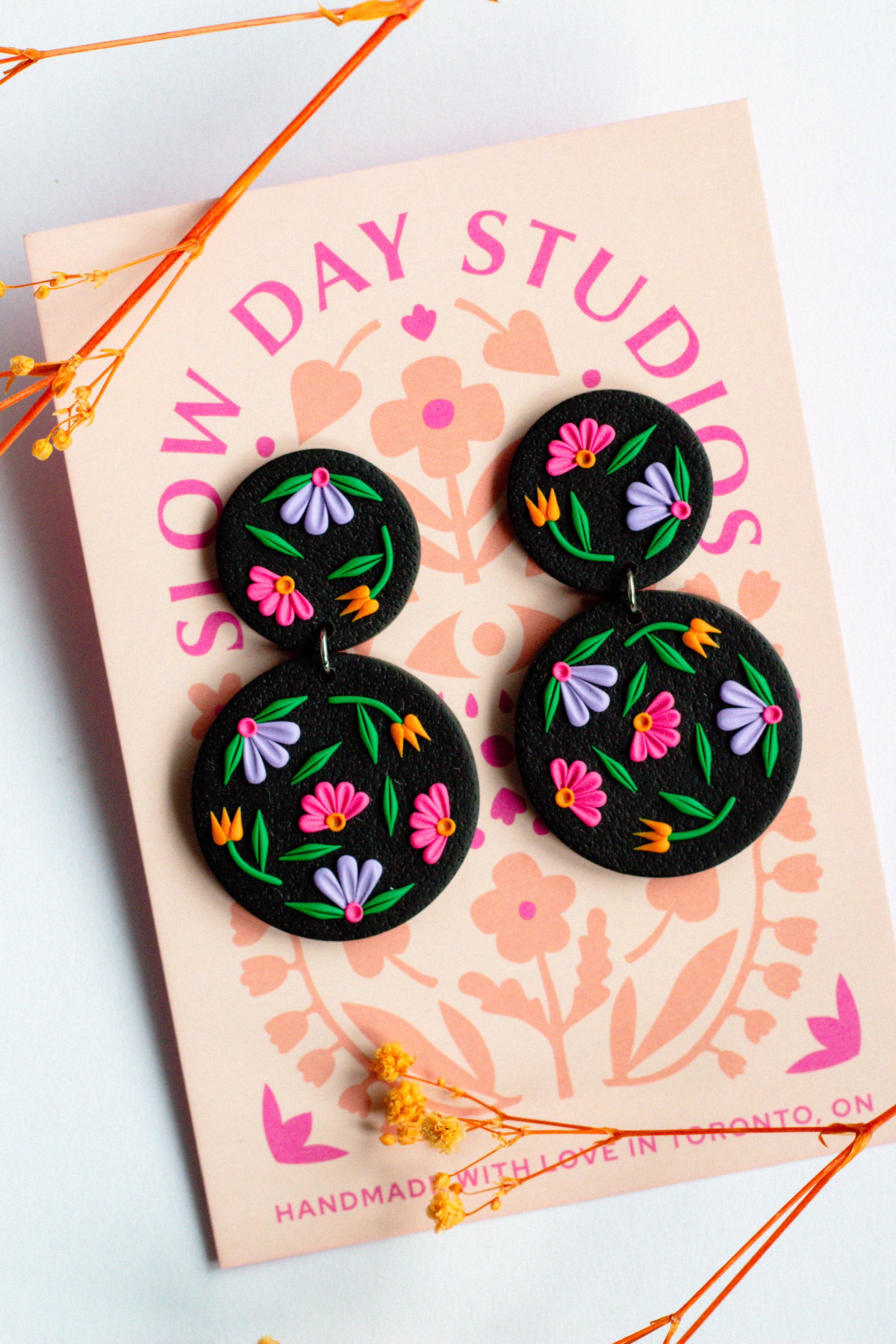 Slow Day Studios - Wholesale Dangle Earrings - Black Floral Polymer Clay Circle Dangle Earrings2