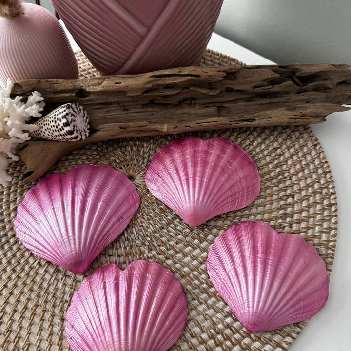 Salty Sea Company - Wholesale Keychain - Women's - Pink Painted Heart Shaped Scallop Shells - Set of 6 3