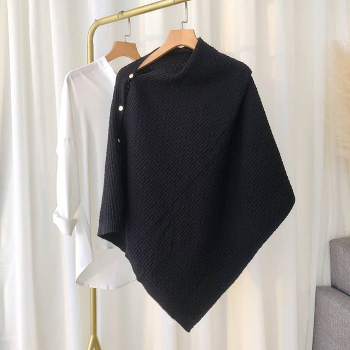 Knitted Plaid Shawl Cape with Buckle - Versatile and Warm Scarf Wrap for Women for wholesale by SueSilkHK