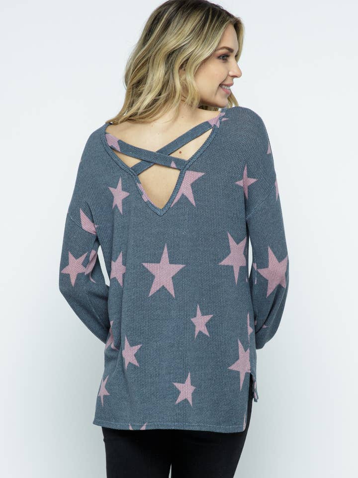 CROSS BACK LIGHT STAR SWEATER KNIT LONG SLEEVE TOP for wholesale by Heyday