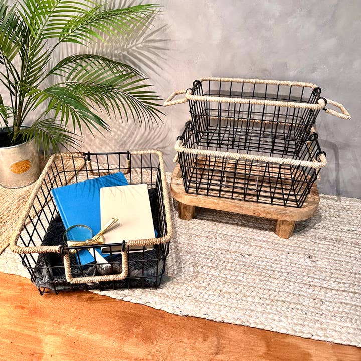 India Handicrafts Inc - Wholesale Mand - Zwarte ijzeren manden met jute handgrepen, set van 35