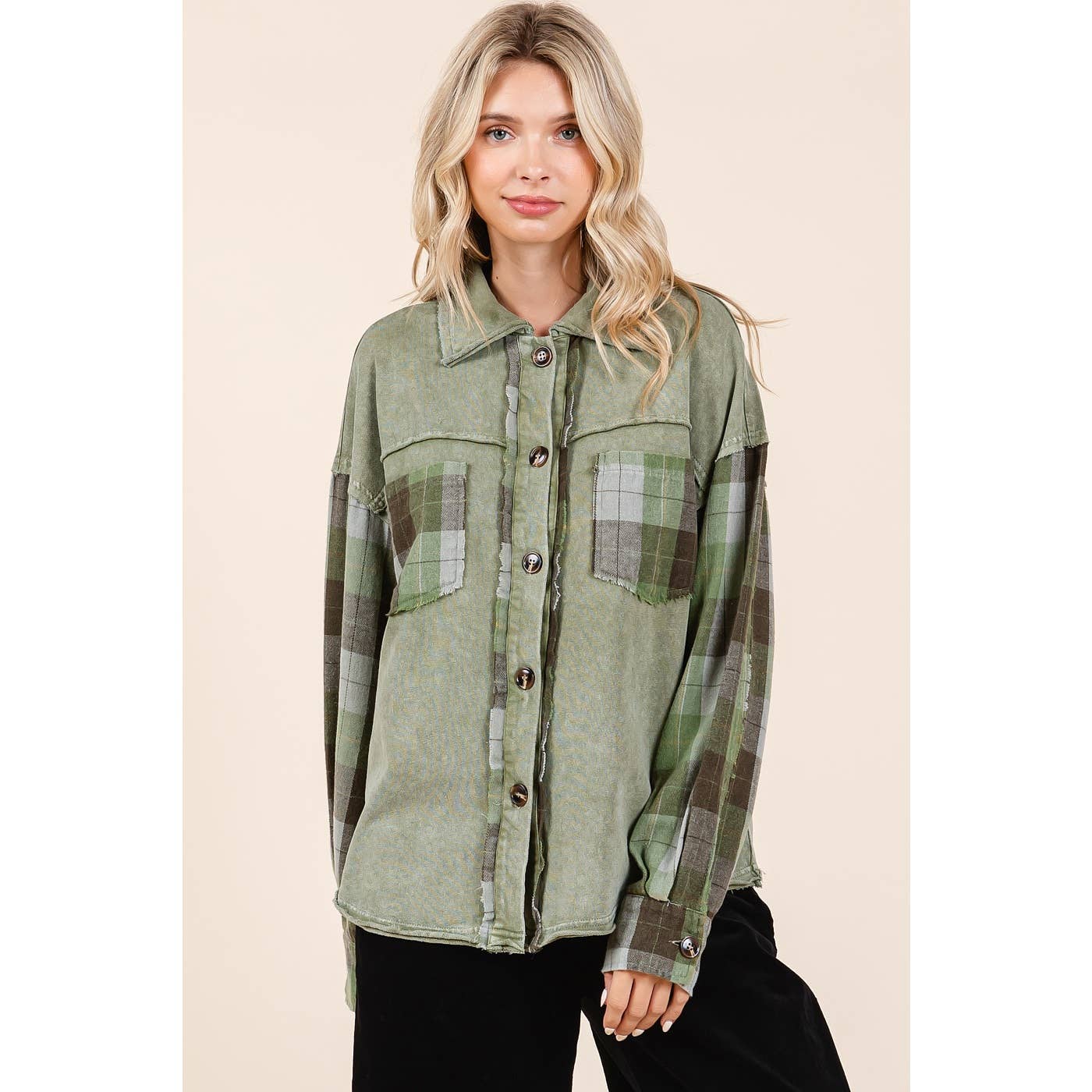 mittoshop - Wholesale Shirt Jacket/Shacket - Women's - MINERAL WASH CONTRAST PLAID PATCHWORK SHACKET11
