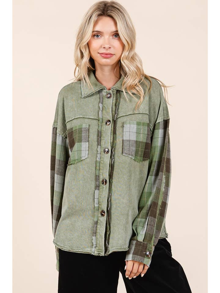 mittoshop - Wholesale Shirt Jacket/Shacket - Women's - MINERAL WASH CONTRAST PLAID PATCHWORK SHACKET11