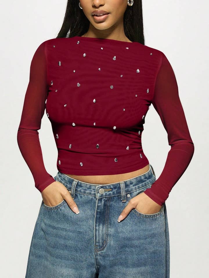 WineRed Double-Layer Mesh Rhinestone Base T-Shirt for wholesale on Faire0