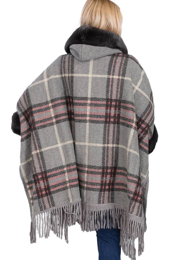 Grigio Poncho con cappuccio Ruana a silhouette aperta in stile eschimese scozzese in vendita all'ingrosso su Faire11