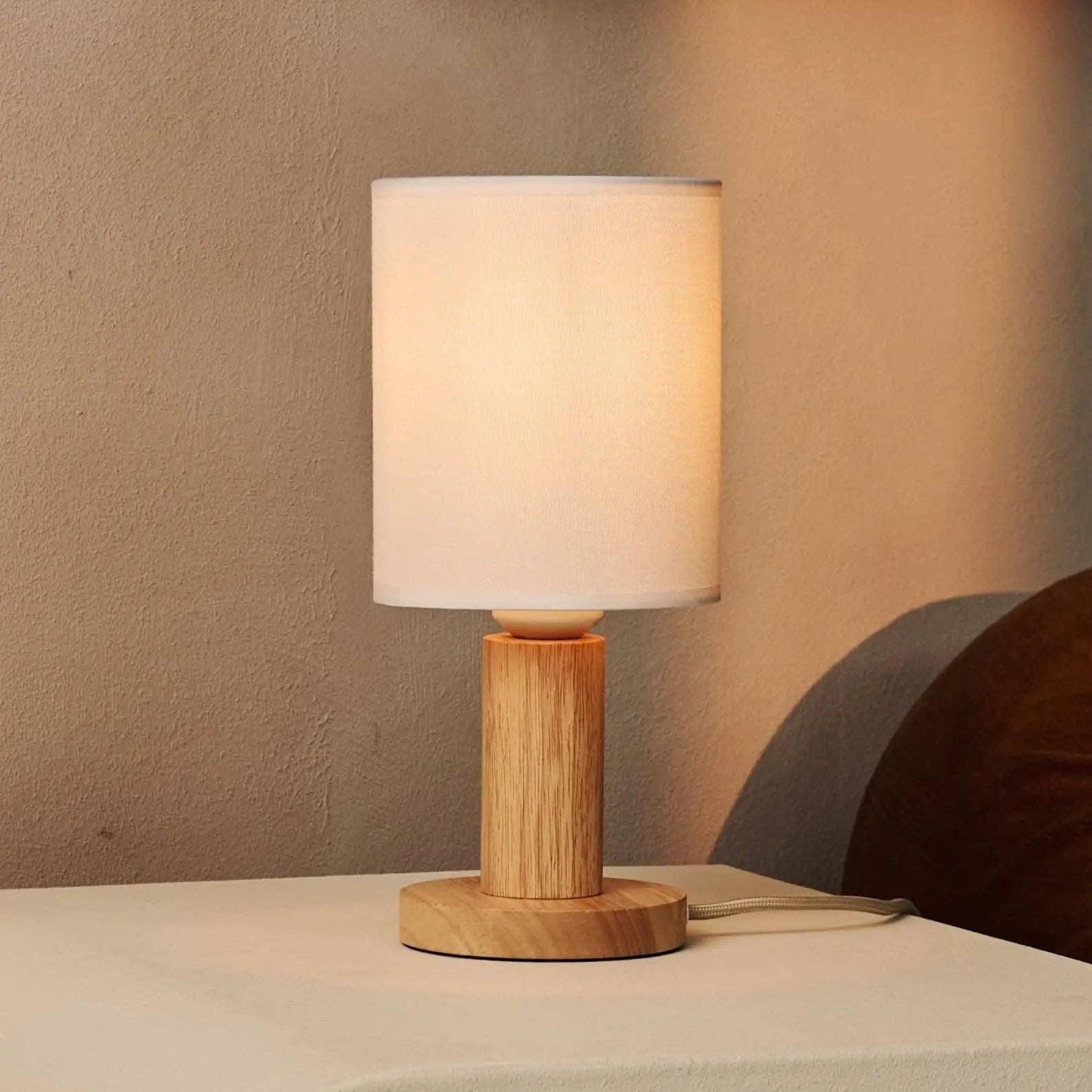 Tavellio - Wholesale Accent/Desk Lamp - Boris Light Brown Lamp with 2 Meter Cord - Fabric Shade Lamp & Wooden Base