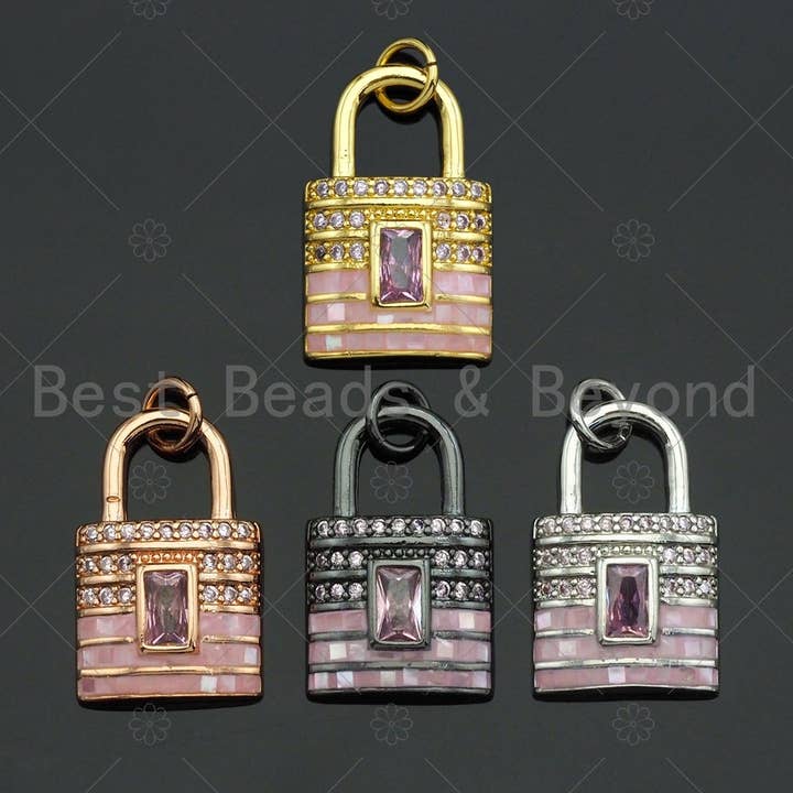 Lås Form rosa Hänge/Charm, Rosa Pärlemor Lock Hängsmycke, Guld/Silver/Svart/Rose guld Cubic Zirconia Hängsmycke, 12x19 mm, Sku #LK73 för wholesale av BestBeads&Beyond