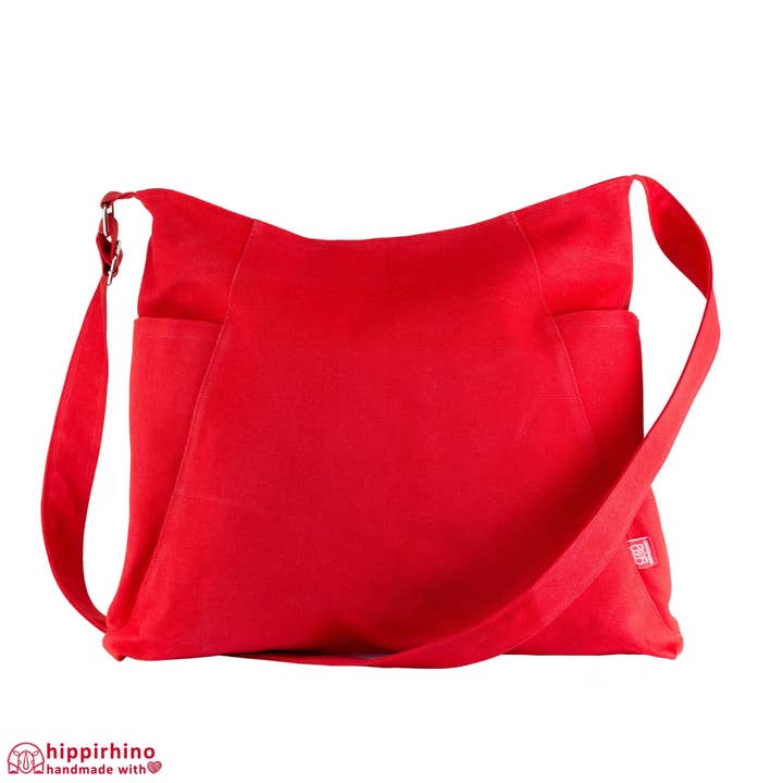 Bolso tipo hobo de lona roja, bolsillos laterales grandes, bandolera para venta al por mayor de hippirhino