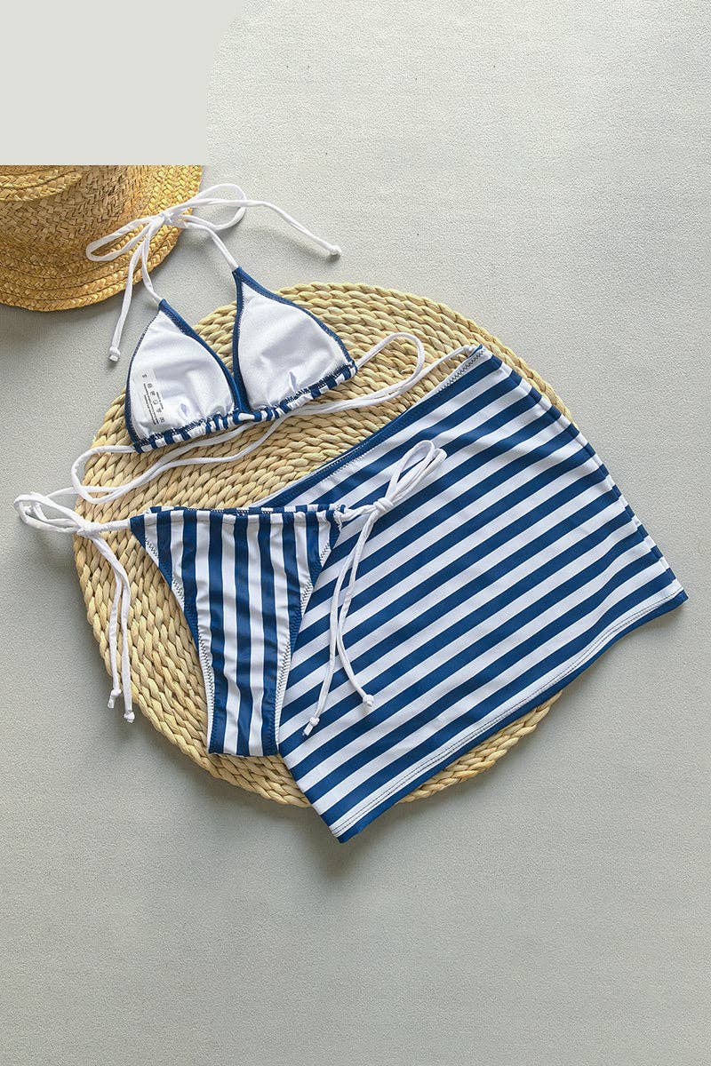 WHITE Striped Bikini and Skirt Set for wholesale on Faire4