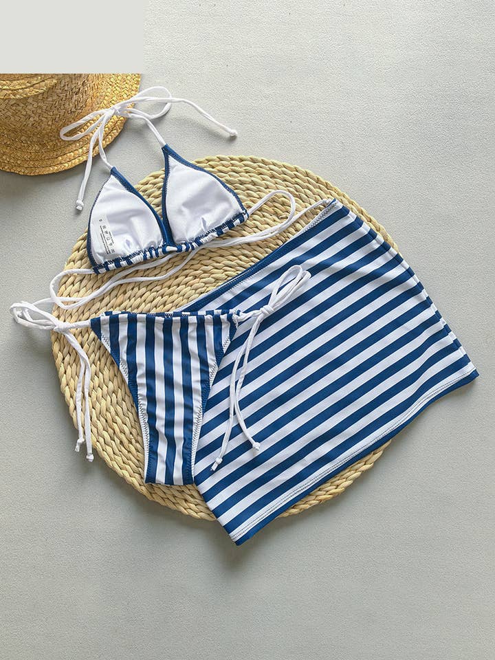 WHITE Striped Bikini and Skirt Set for wholesale on Faire4