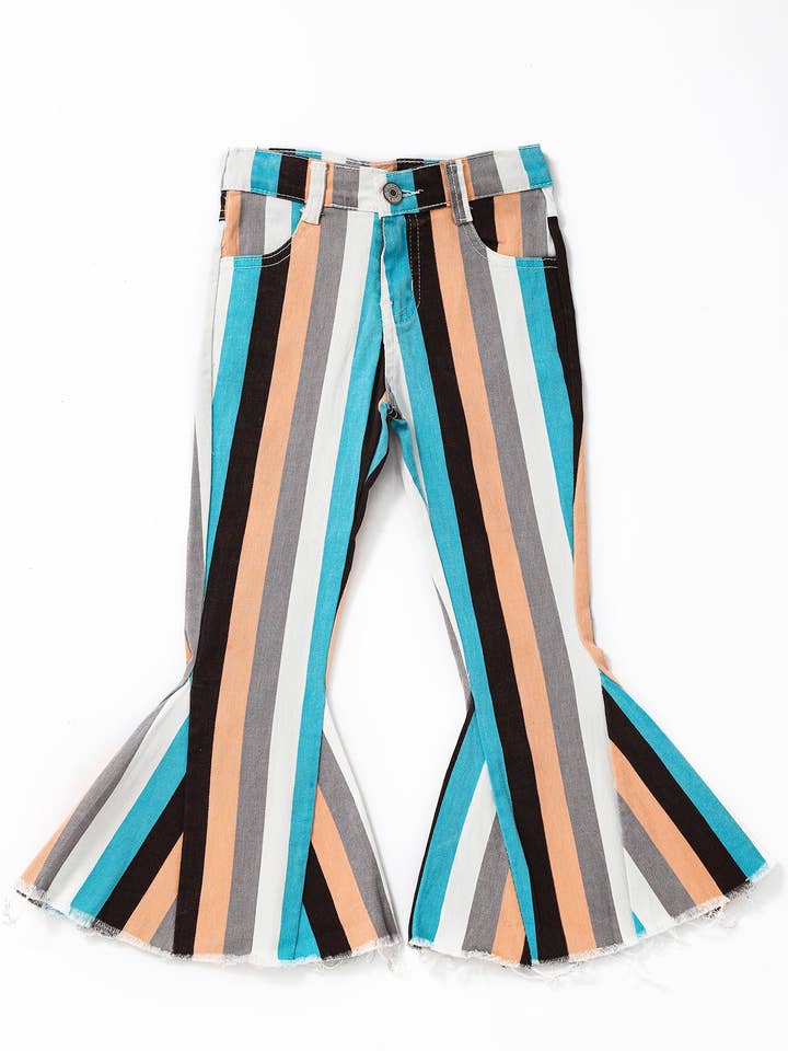 Blue Grey Stripe Girls Flare Jeans for wholesale by sassy kids palace