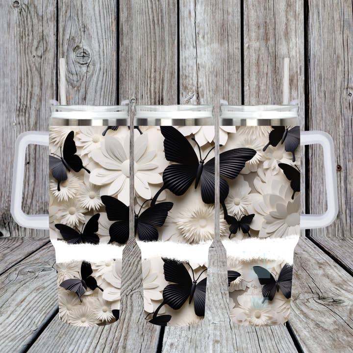 Black Butterflies Tumbler with Handle for wholesale by Crafting in Chaos