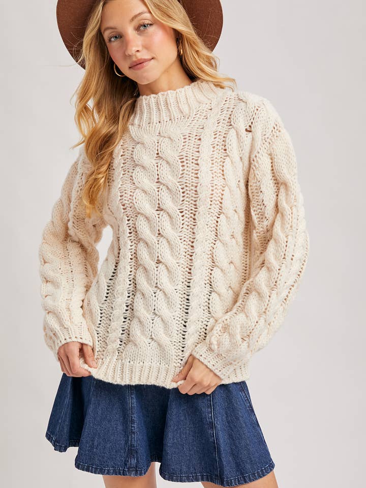 Bluivy - Wholesale Knit Sweater - Women's - MOCK NECK CABLE CHUNKY KNIT SWEATER0