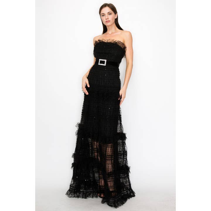 INA - Wholesale Dress - Women's - Strapless Polka Dots Tiered Tulle Maxi Dress