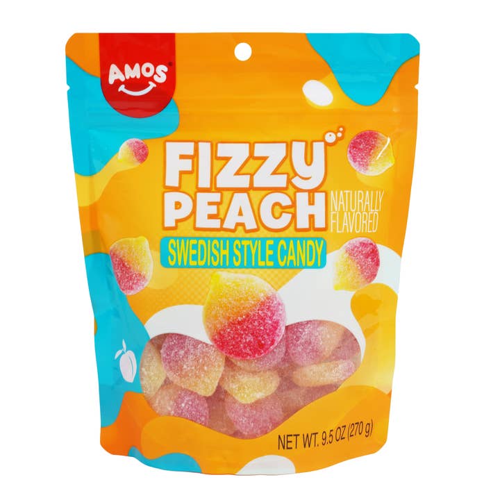Sachet de bonbons suédois Amos style pêche pétillante 9,5oz, 12 unités pour la vente par Grandpa Joe's Candy Shop